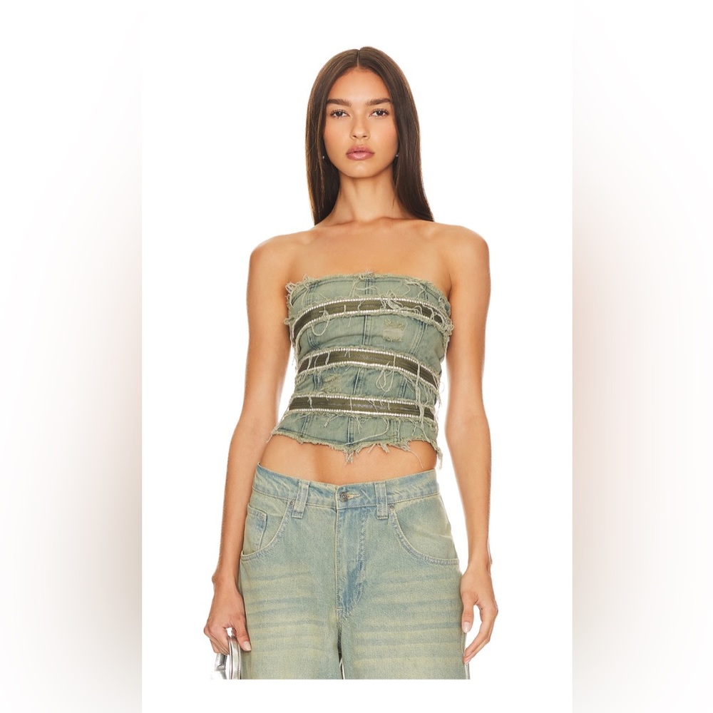 Zip Diamanté Denim Corset in Blue Wash